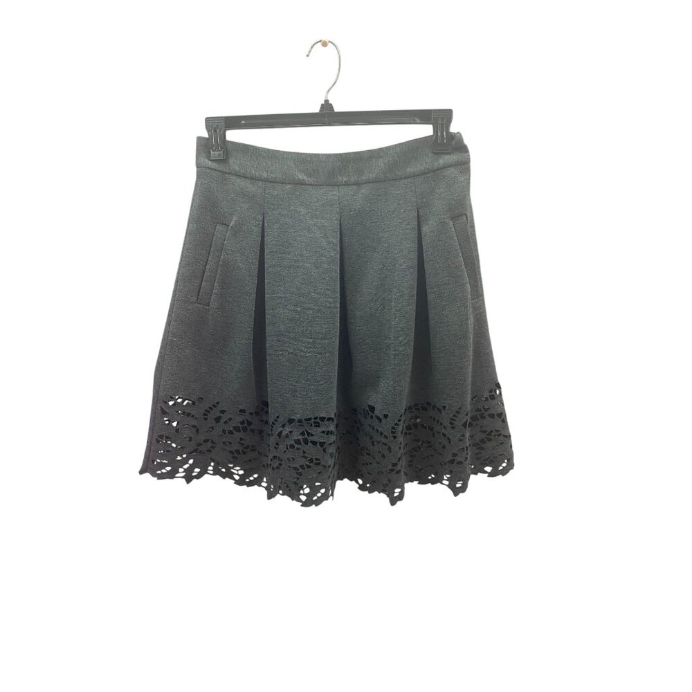 Gray Pleated A-Line Skirt Laser Cut Eyelet Hem Side Pockets Charcoal Gray